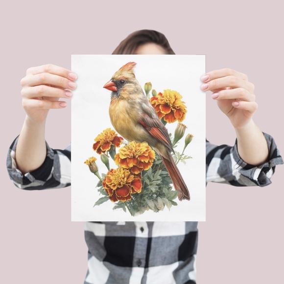 Watercolor Female Cardinal Bird with Marigolds Flowers Wall Art Print Unframed - Picture 4 of 7